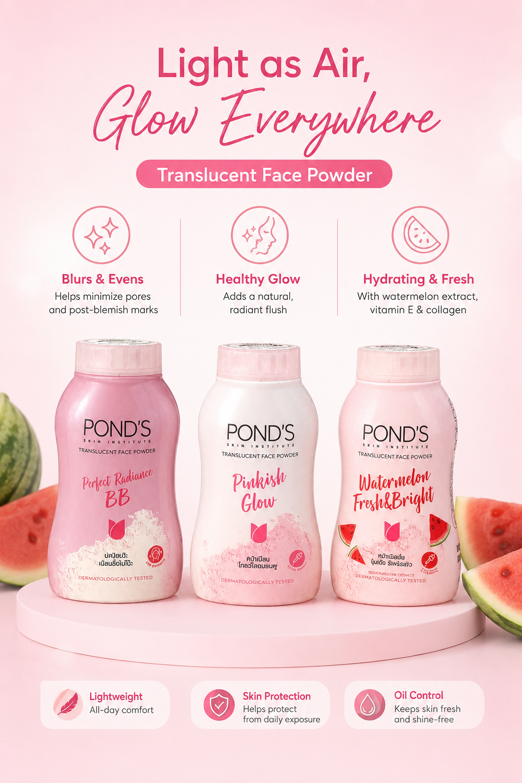 Pond's Translucent Face Powder (Perfect Radiance BB, Pinkish Glow, Watermelon Fresh & Bright)