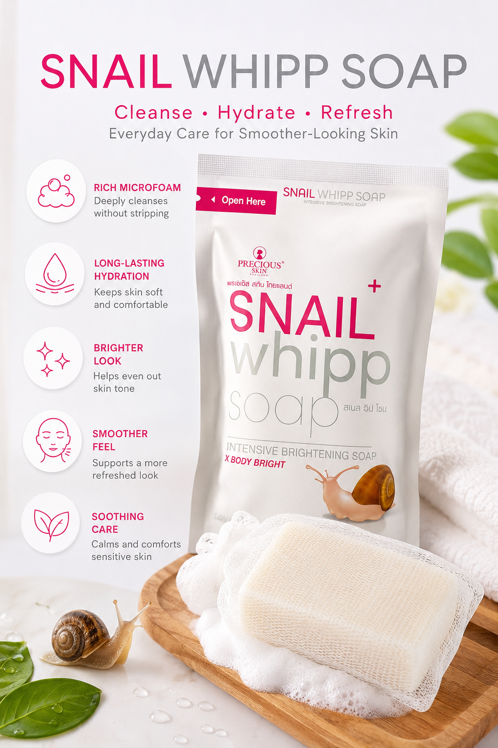 Snail Whipp Soap Bar with Foaming Mesh Net – 120g