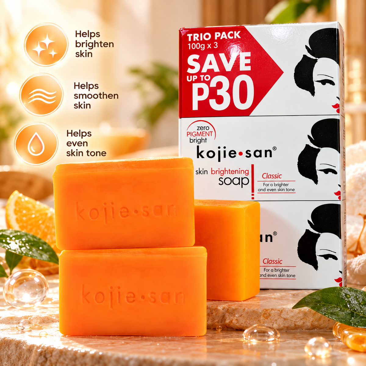 Kojie San Kojic Acid Bar Soap - 3 x 100g Pack (Brightening & Evening Skin Tone)