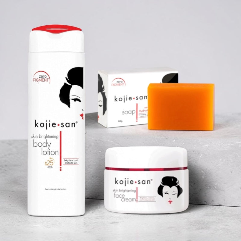 Kojie San Skin Brightening 3-Piece Set: Soap (65g), Face Cream (30g) & Body Lotion (250g)