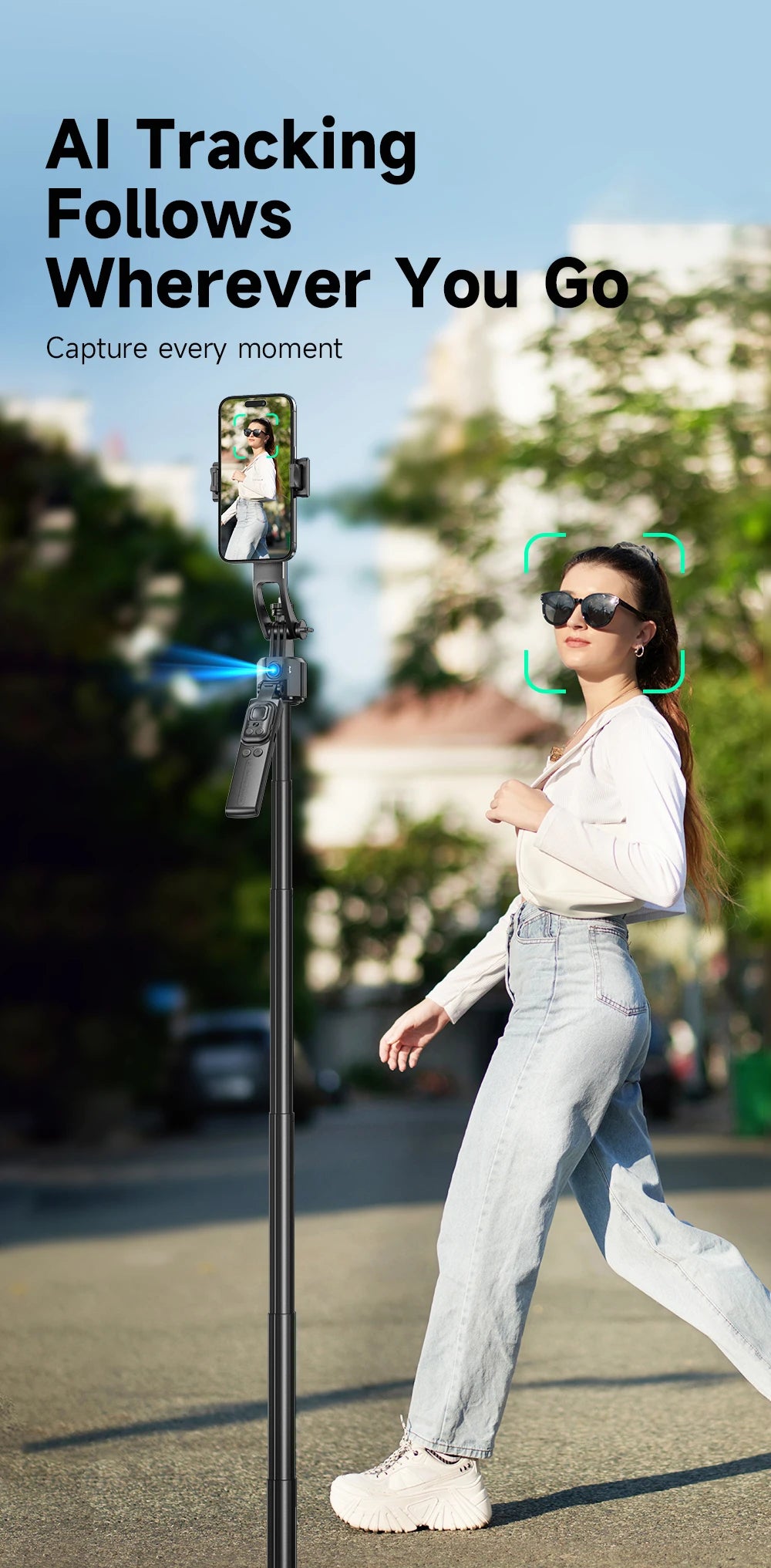 AI Tracking Selfie Stick Tripod with 360° Rotation & Bluetooth Remote - 5.4ft Extendable