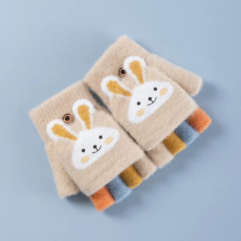 Kids Convertible Mittens - Cartoon Bunny Flip-Top Knit Gloves (Ages 4-11)