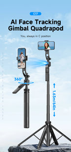 AI Tracking Selfie Stick Tripod with 360° Rotation & Bluetooth Remote - 5.4ft Extendable