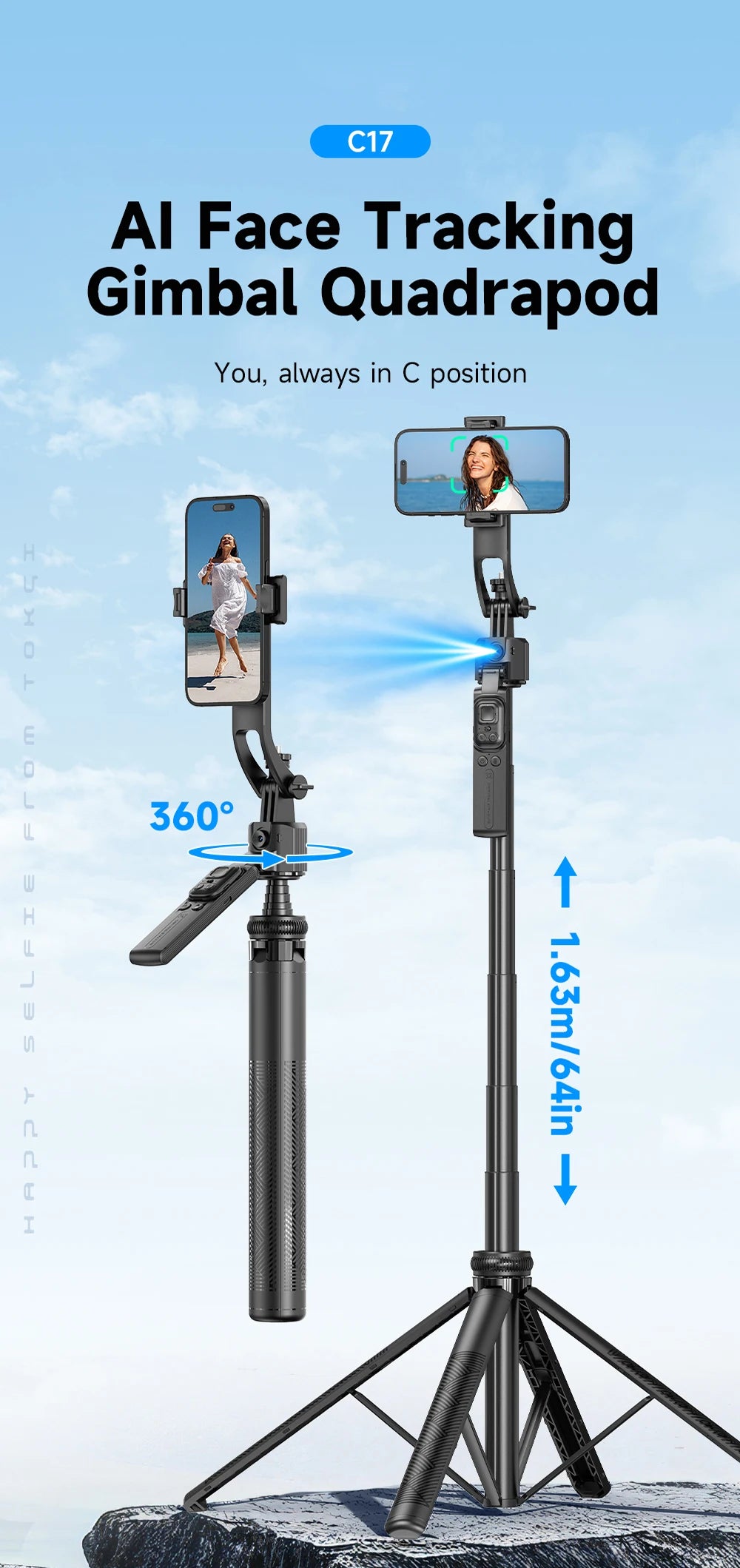 AI Tracking Selfie Stick Tripod with 360° Rotation & Bluetooth Remote - 5.4ft Extendable