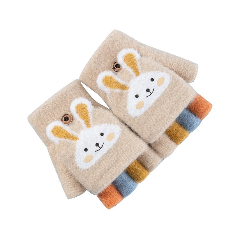 Kids Convertible Mittens - Cartoon Bunny Flip-Top Knit Gloves (Ages 4-11)