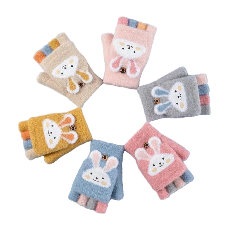 Kids Convertible Mittens - Cartoon Bunny Flip-Top Knit Gloves (Ages 4-11)