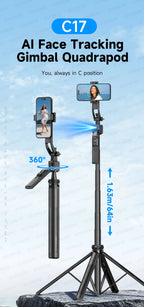 64-Inch Tripod Selfie Stick with 360° Auto-Rotation & Face Tracking - Bluetooth Remote