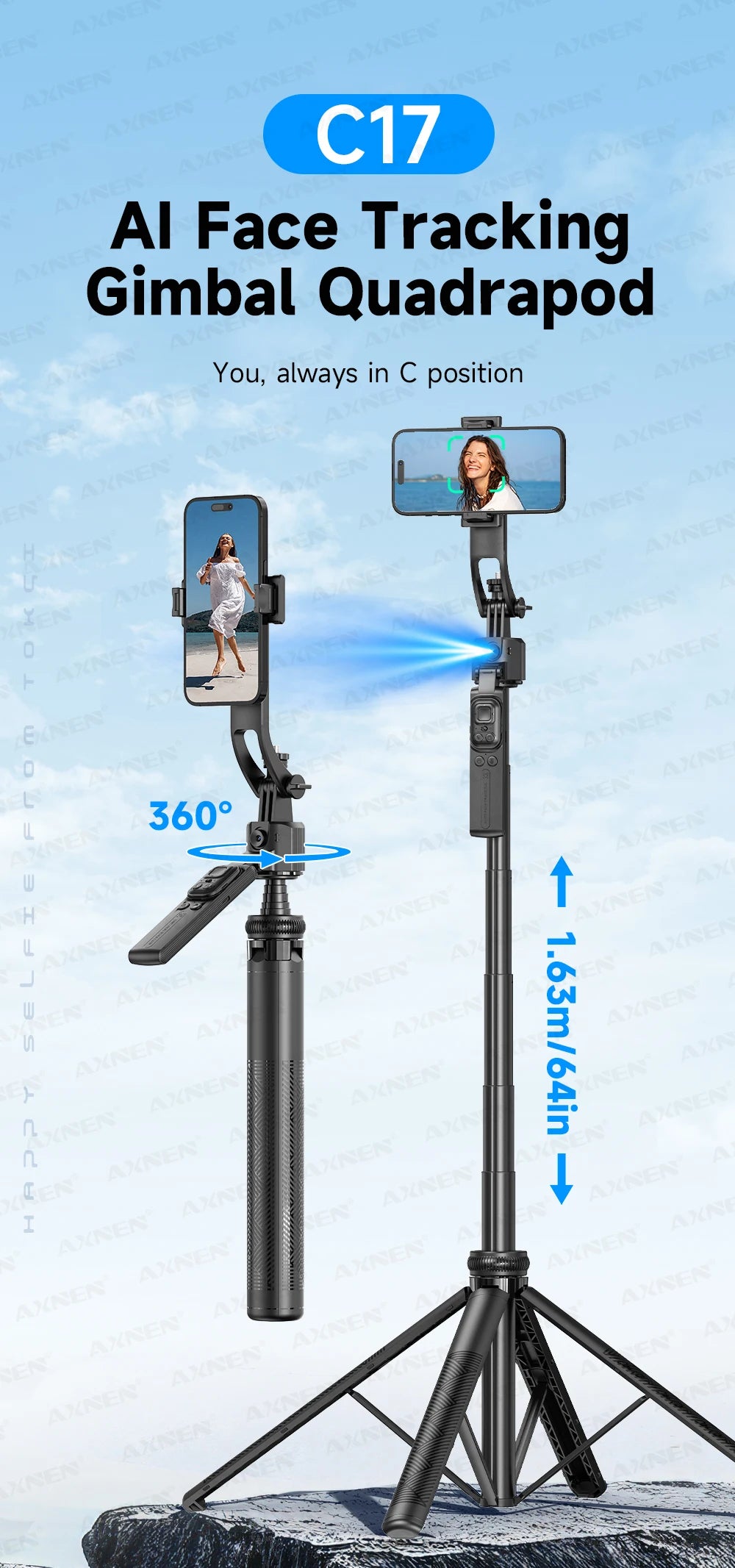 64-Inch Tripod Selfie Stick with 360° Auto-Rotation & Face Tracking - Bluetooth Remote