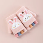 Kids Convertible Mittens - Cartoon Bunny Flip-Top Knit Gloves (Ages 4-11)
