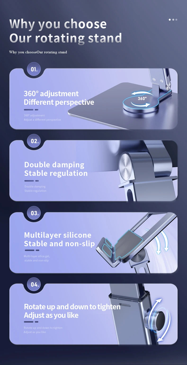 Aluminum Tablet Stand - 360° Rotating Adjustable Desk Holder for iPad & Tablets (4-14 Inch)