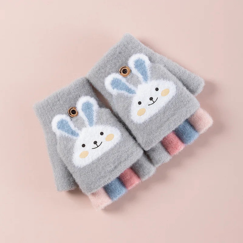 Kids Convertible Mittens - Cartoon Bunny Flip-Top Knit Gloves (Ages 4-11)