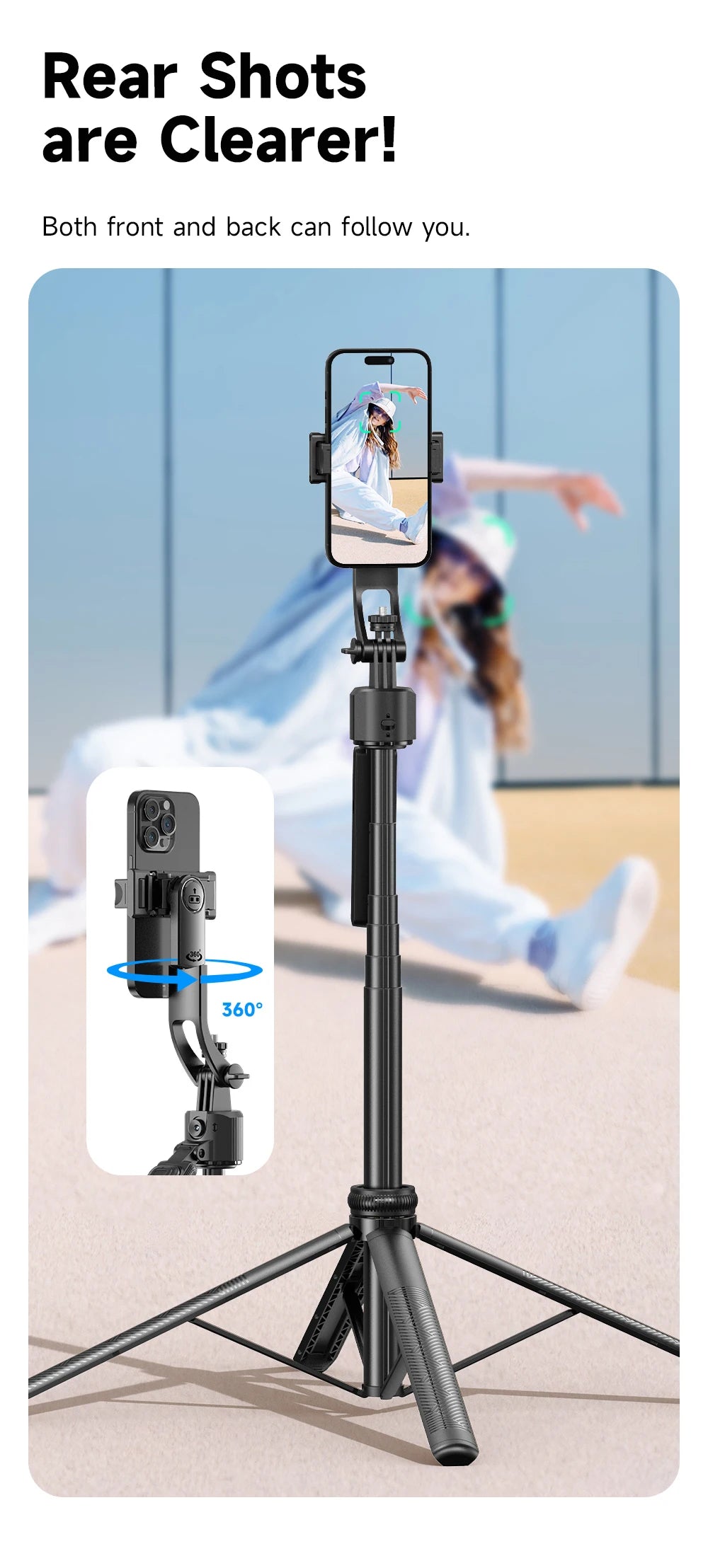 AI Tracking Selfie Stick Tripod with 360° Rotation & Bluetooth Remote - 5.4ft Extendable
