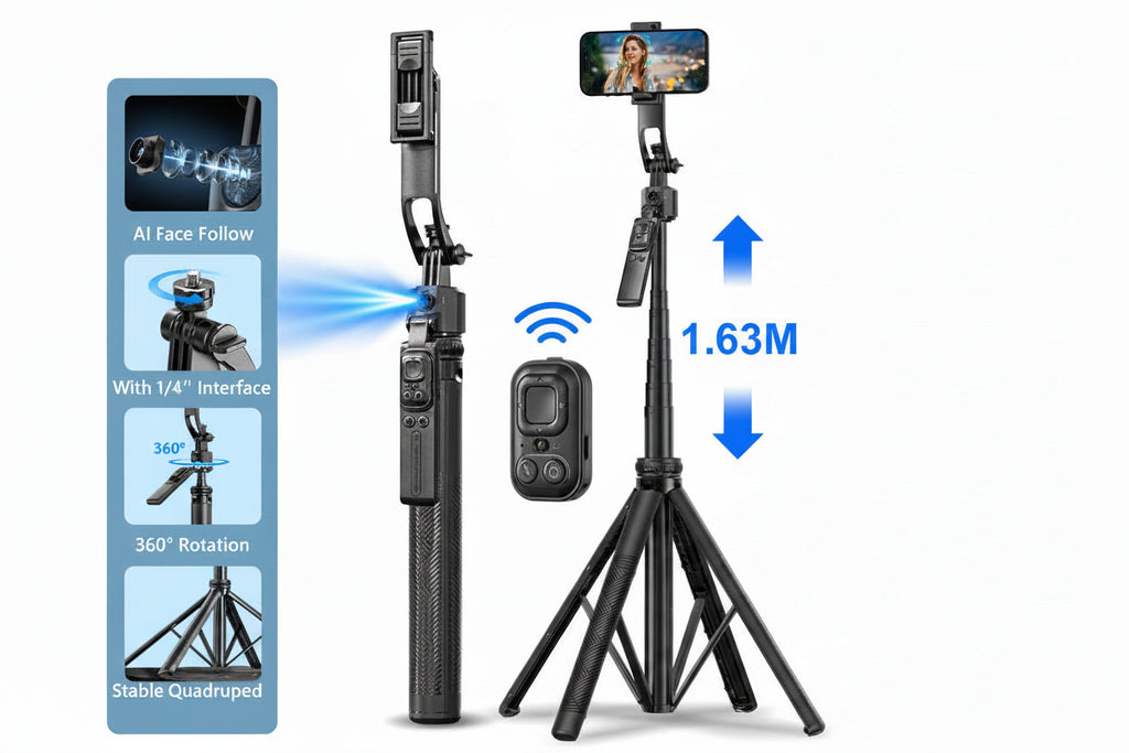 64-Inch Tripod Selfie Stick with 360° Auto-Rotation & Face Tracking - Bluetooth Remote
