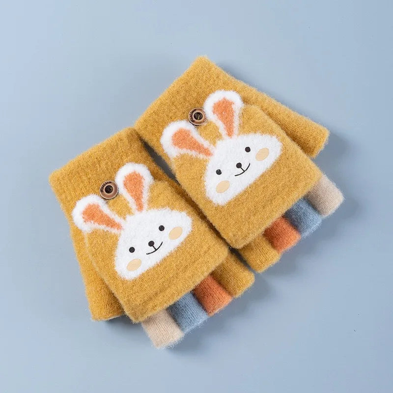 Kids Convertible Mittens - Cartoon Bunny Flip-Top Knit Gloves (Ages 4-11)
