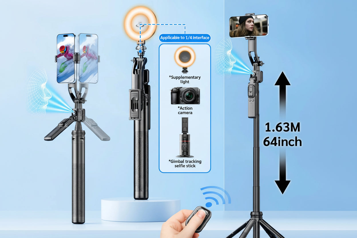 AI Tracking Selfie Stick Tripod with 360° Rotation & Bluetooth Remote - 5.4ft Extendable