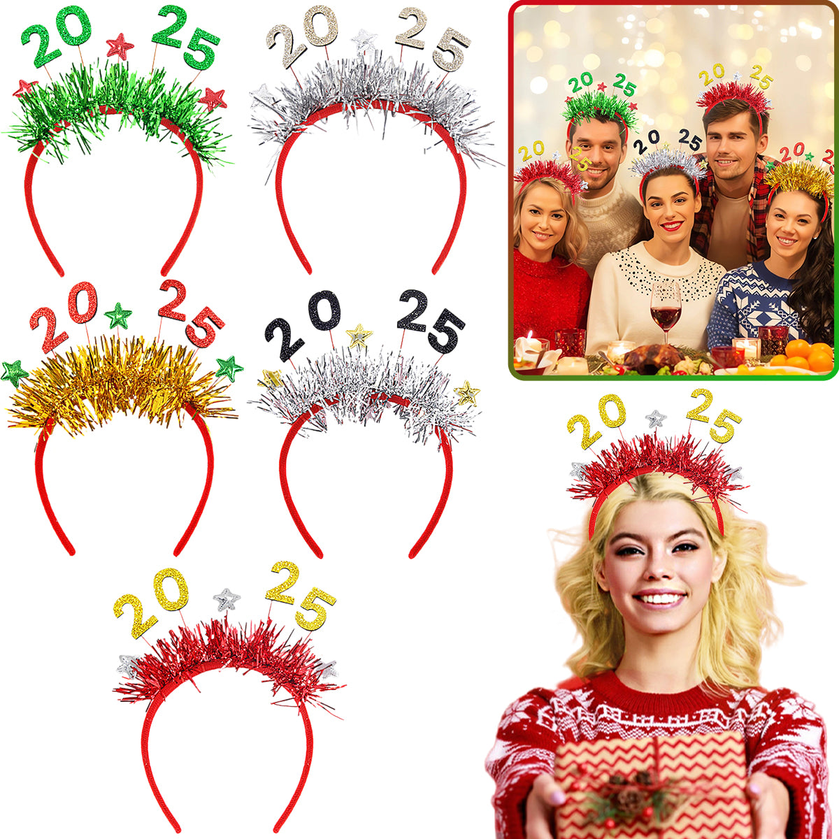 5 Packs Christmas Headbands 2025 New Year Hairband